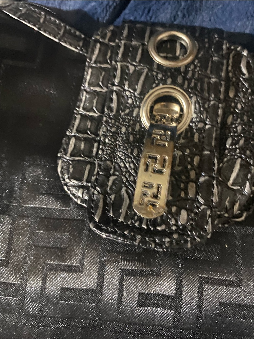 Black Shoulder Bag with Croc-Trim and Gold Accent - Picture 2 of 6